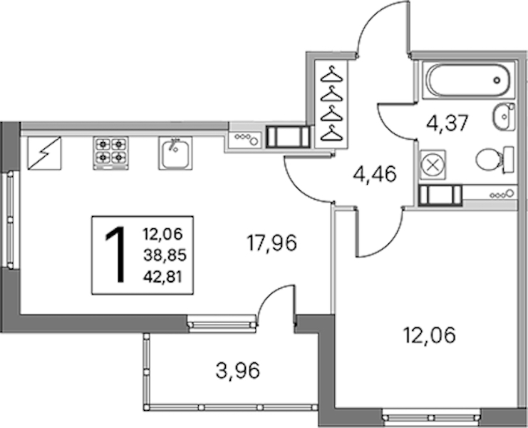 1-комнатная квартира 38.85 м², 2/5 эт., ЖК «ЮгТаун. Олимпийские кварталы»
